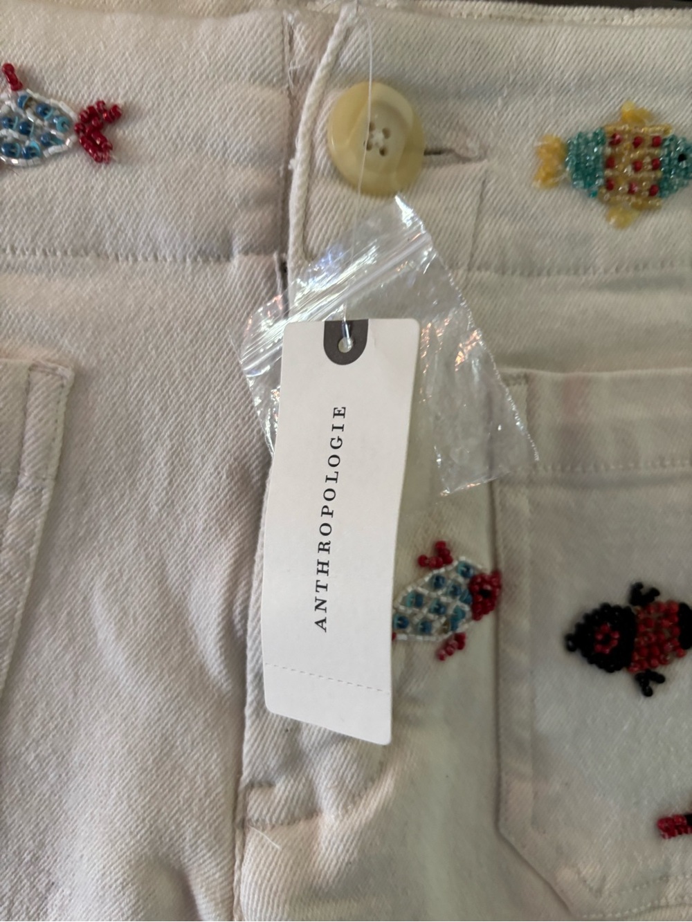 Anthropologie White Cotton Shorts with Multicolor Fish Embroidery - Picture 3 of 11